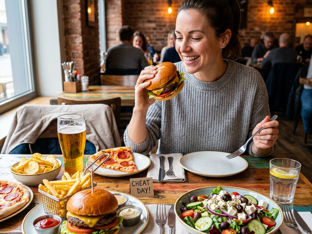 Woman holding a burger at a table with burgers, fries, salad, pizza, and drinks