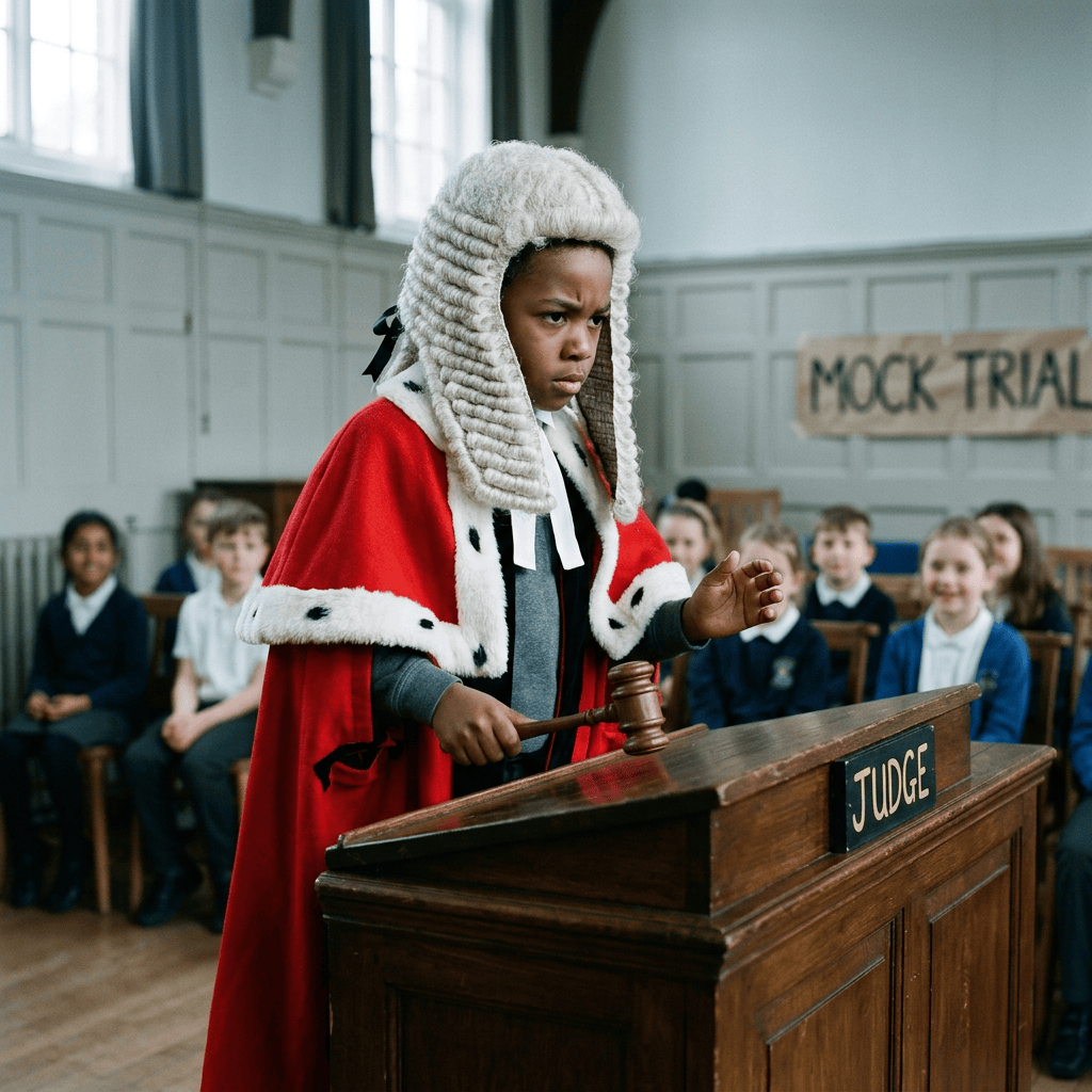 Student in judge costume holding a gavel at a courtroom lectern