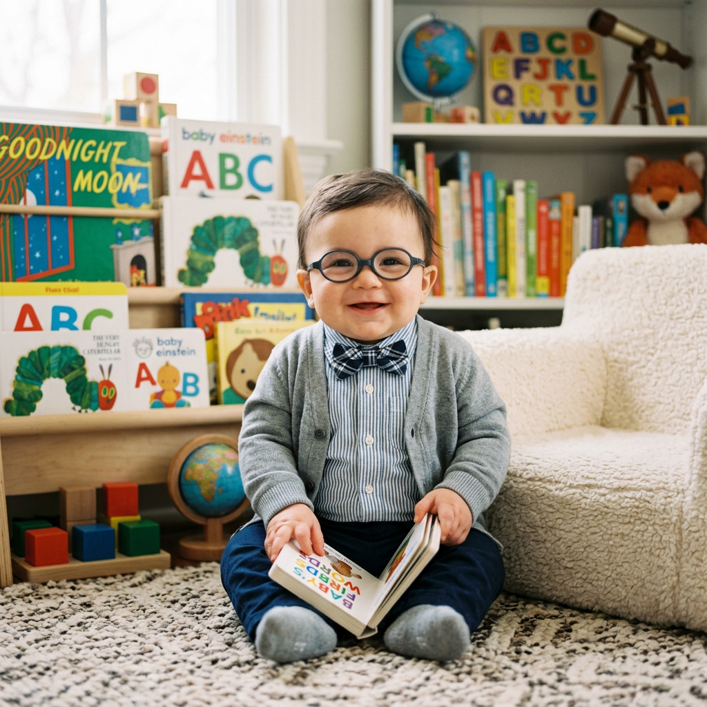 Smiling child in glasses holding an alphabet book among children’s books