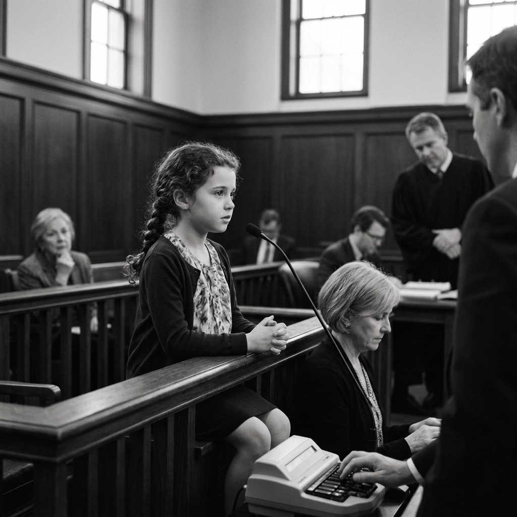 Young girl speaking into a courtroom microphone while officials observe