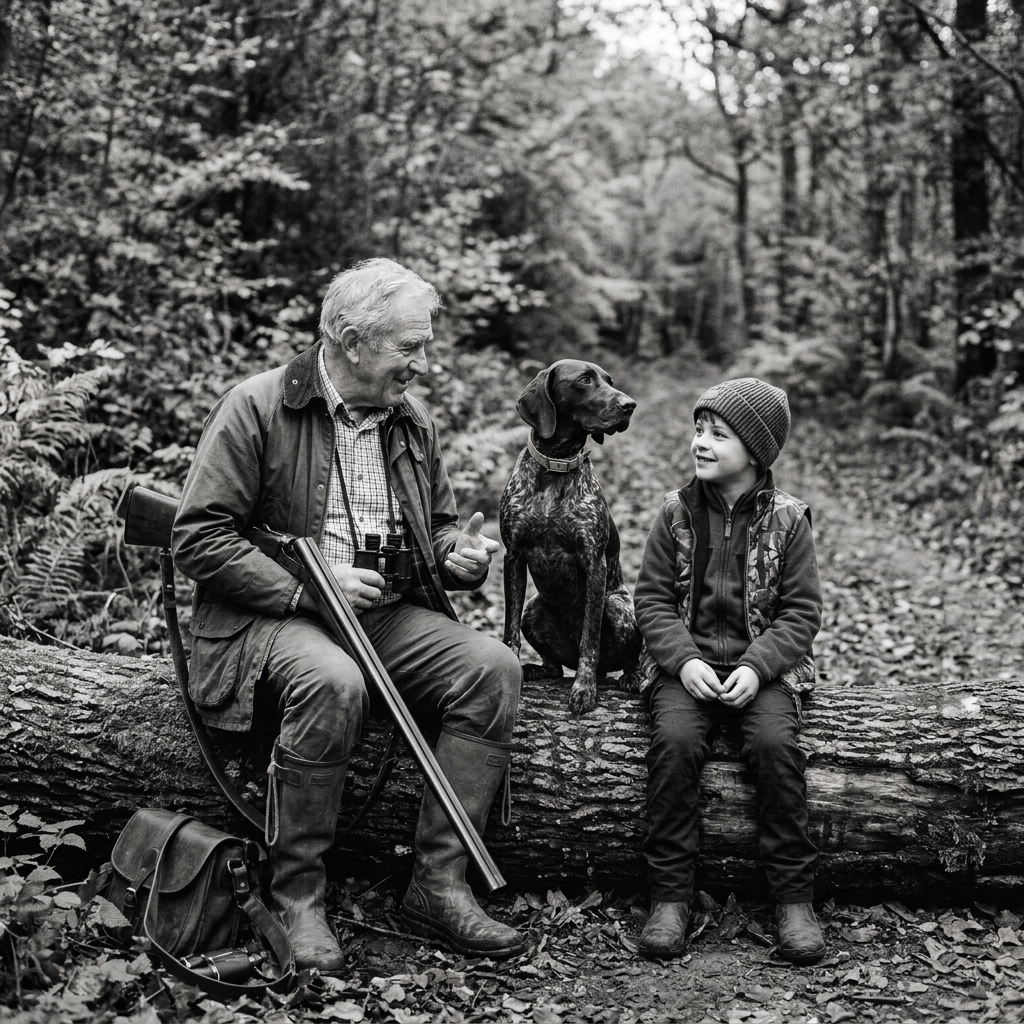 Father and son sitting with a hunting dog in an autumn forest
